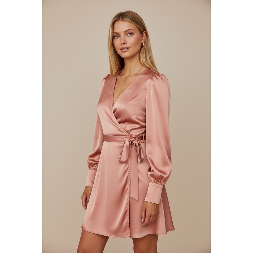 Rose Gold Satin Wrap Mini Dress XL Long Bishop Sleeve Cocktail Evening